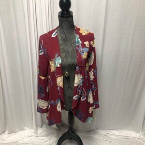 Peach Love California Cardigan Size Small Medium Maroon Floral Open Front Jacket